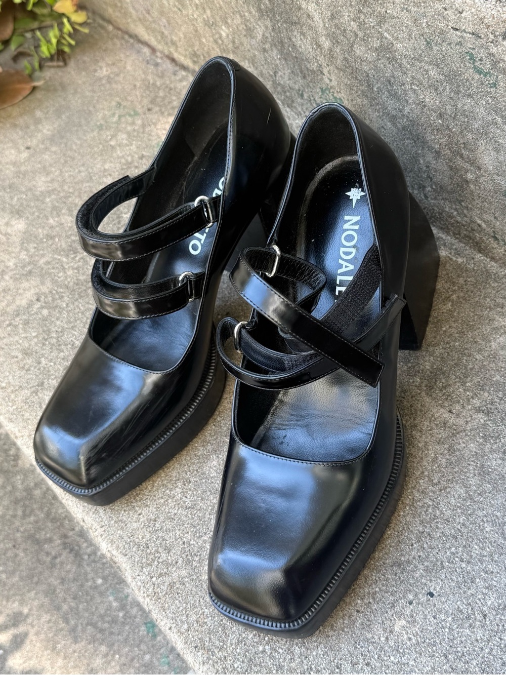 Nodali Black Double-Strap Block Heel Mary Janes